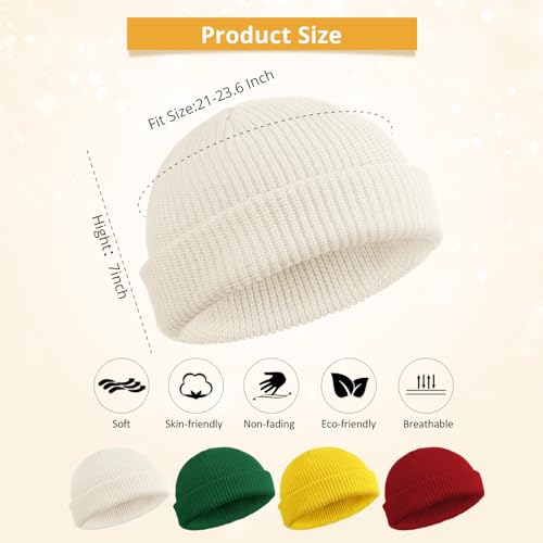 SATINIOR 4 Pieces Trawler Beanie Watch Hat Roll up Edge Skullcap Fisherman Beanie Unisex - color: Red, White, Yellow, Green, size: One Size