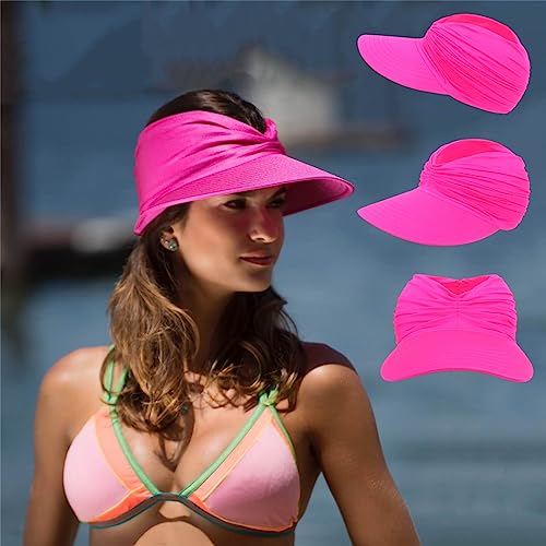 Sun Hat Women Beach Visor Cap UV Protection with Wide Brim Packable Summer Sport Ponytail Sun Cap - color: Rose Red