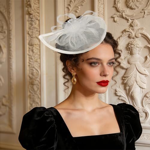 Women Vintage Fascinator Hat Flower Feather Mesh Headband Clip Pillbox Headwear for Wedding Tea Party - color: 02 White