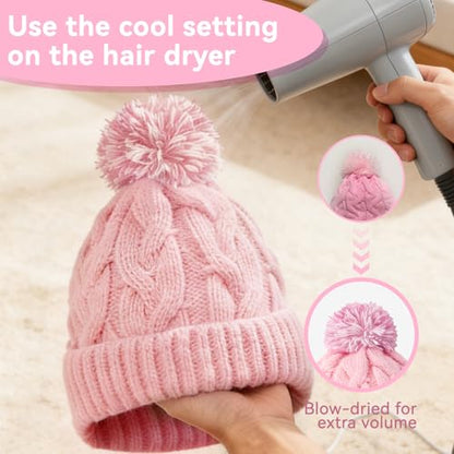Slouchy Chunky Knit Beanie with Pom Pom - Cozy Winter Bobble Hat for Women and Men - color: Light Pink