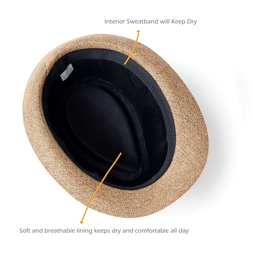 Classic Short Brim Fedora Summer Beach Trilby Hat - color: Black Band-khaki