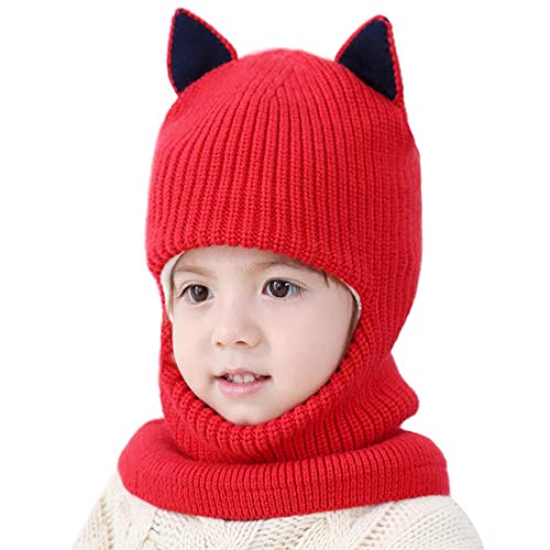Toddler Winter Hat Baby Balaclava 2 in 1,Fleece Lined Knitted Beanie with Face Mask, Ear Flaps & Pom Pom for Boys Girls - color: Cat-red