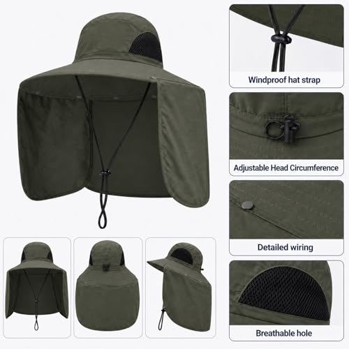 HUAMULAN Women Men Wide Brim Sun Hat Hiking Fishing Hats with Neck Flap - color: Yq005-armygreen