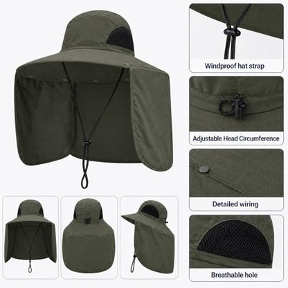 HUAMULAN Women Men Wide Brim Sun Hat Hiking Fishing Hats with Neck Flap - color: Yq005-armygreen