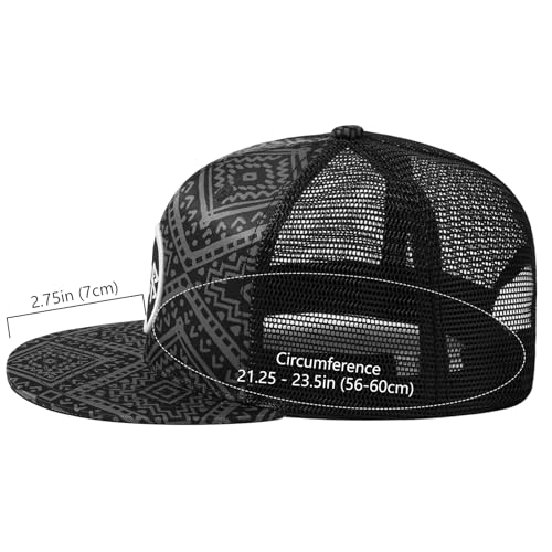 BASSDASH Flat Brim Trucker Cap Adjustable Snapback Hat Mesh Back for Men Women - color: Black Geometry
