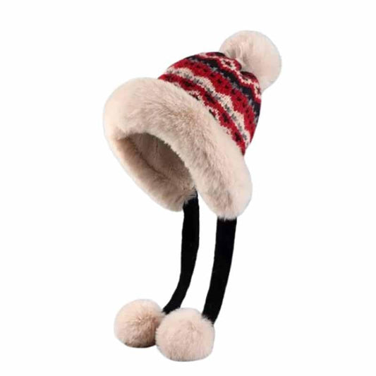 Fashion Knit Pullover Hat Women's Winter Earflap Hat Cap Fleece-Lined Thickened Windproof Vintage Hat - color: Red