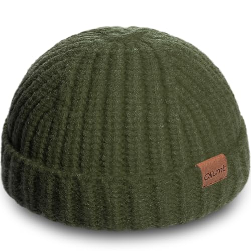 Fisherman Short Beanie Hats for Men, Knit Skull Cap Cuff Trawler Hat Mens Stylish Watch Cap Winter Warm Hat for Daily Wear - color: Army Green