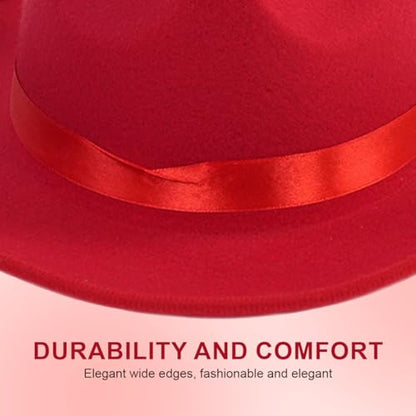 Red Wide Brim Felt Fedora Hat with Satin Ribbon Dress Panama Hat Rancher Cap for Unisex Halloween Costume