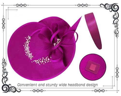 dressfan Vintage Fascinator Hats for Women,Linen Pearl Fascinator for Derby Church Wedding Tea Party - color: Fushia