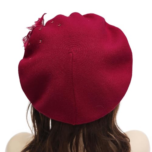 ZLYC Women French Beret Hat Reversible Solid Color Mosaic Warm Artist Cap - color: Bead Flower Burgundy
