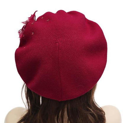 ZLYC Women French Beret Hat Reversible Solid Color Mosaic Warm Artist Cap - color: Bead Flower Burgundy