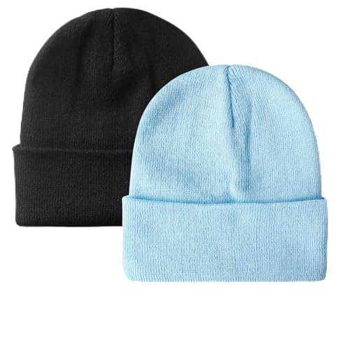 NPQQUAN 2 Packs Beanie for Men Women Winter Hats for Mens Beanie Skull Cap - color: Black+babyblue