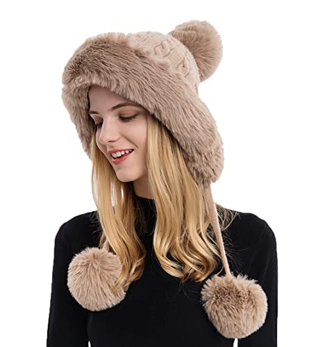 Winter Beanie Hats for Women with Ear Flaps Faux Fur Crochet Skull Cap Warm Outdoor Ski Snow Hats Pompoms - color: Khaki