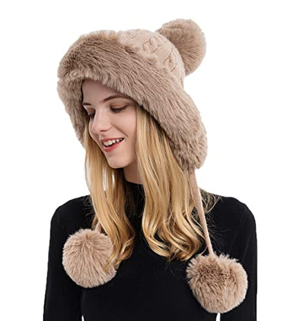 Winter Beanie Hats for Women with Ear Flaps Faux Fur Crochet Skull Cap Warm Outdoor Ski Snow Hats Pompoms - color: Khaki