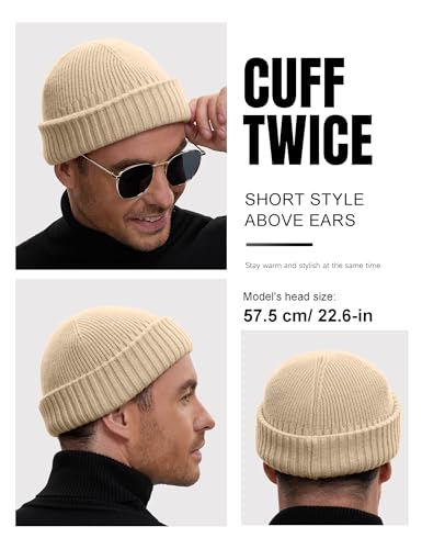 vidsel 50% Wool Double Cuff Beanie Hat for Men Women, Warm Winter Knit Cap - color: Apricot