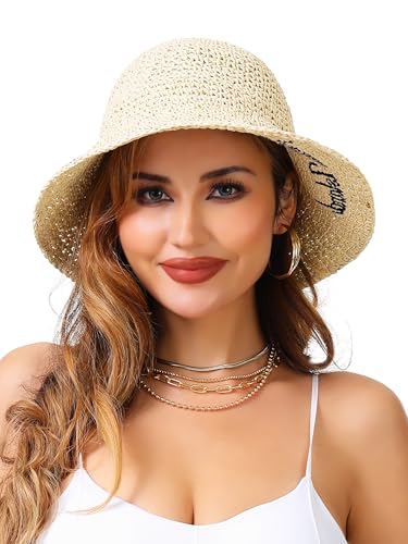 sy soul young Women's Straw Sunhat Wide Brim Hand Woven Beach Bucket Hat - color: Letter Beige