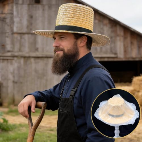 Amish Straw Boater Hat for Men Women Skimmer Hats 20's Vintage Style Flat Top Hat Wide Brim with Black Fabric Band Halloween Costume Accessory