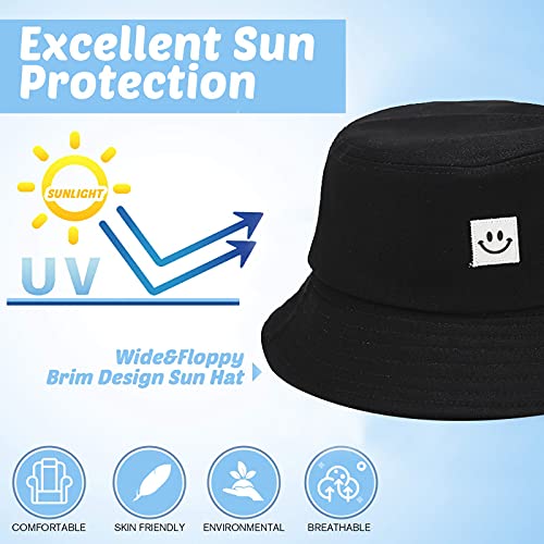Kids Sun Hat Smile Face Bucket Hat for Girls Boys Summer Sun Protection Cotton Unisex Beach Cap - color: Black