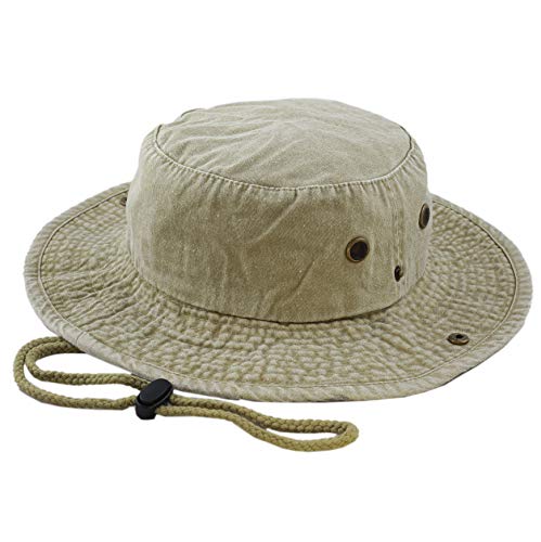 The Hat Depot Cotton Stone-Washed Safari Wide Brim Foldable Double-Sided Sun Boonie Bucket Hat - color: 3. Pigment - Khaki, size: Small-Medium