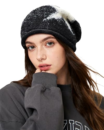 Clakllie Slouchy Beanie for Men Stylish Star Beanies Lightweight Baggy Hat Slouch Knitted Skullcap Warm Stocking Hat - color: Cdus-kh25q07-black