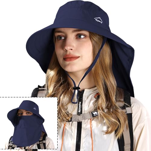 Rosoz Sun Hat for Men Women with Neck Flap& Removable Face Cover Wide Brim - color: 1pack-dark Blue