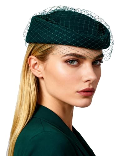Wool Felt Vintage Beret Wedding Top Hats for Women Elegant Church Fedoras with Veil Ladies Cap Autumn Winter - color: Dark Green