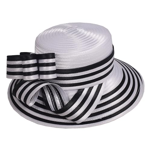 Women Derby Church Dress Fascinator Wide Brim Hats 1920s Vintage Tea Party Wedding Cloche Bowler Hats - color: White/Black