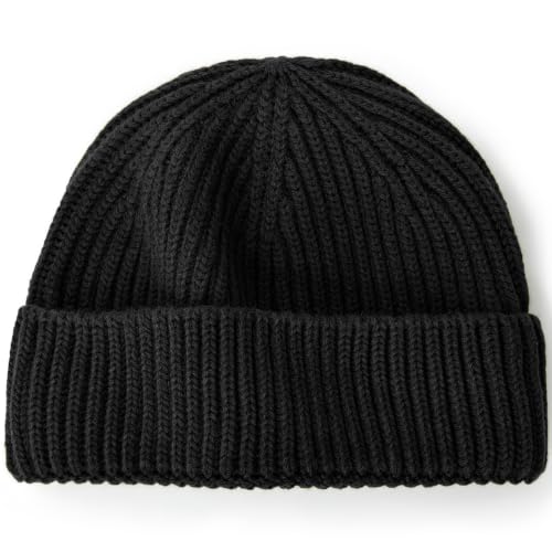 100% Merino Wool Fisherman Beanies for Men Winter Beanie Skull Cap - color: Black