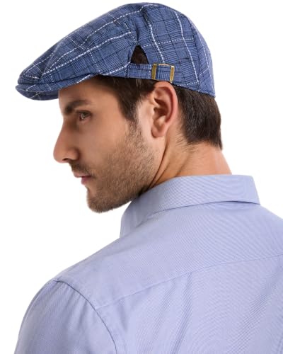 ZLYC Men Cotton Flat Cap Summer Scally Newsboy Beret Driver Hat - color: Plaid Blue
