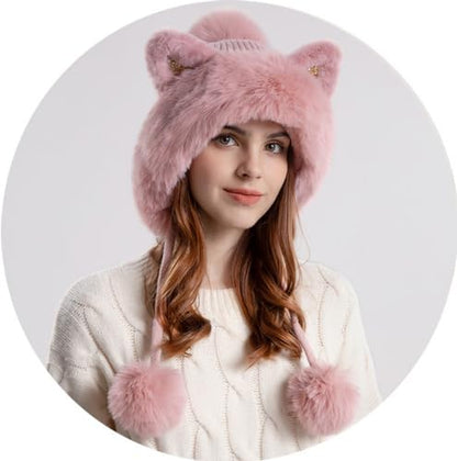 Outdoor Warm Earflap Beanie Hat with Brim Baseball Slouchy Knitted Visor Skull Caps for Women Men Black - color: Pink