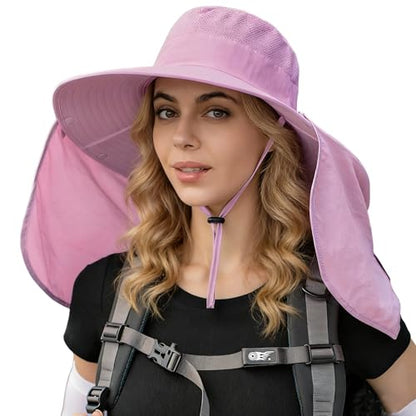 HUAMULAN Women Men Wide Brim Sun Hat Hiking Fishing Hats with Neck Flap - color: Lavender Pink ‌with Mesh Panel