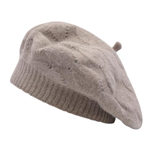 ZLYC Women French Beret Hat Reversible Solid Color Knit Warm Artist Cap - color: Cable Pattern Tan