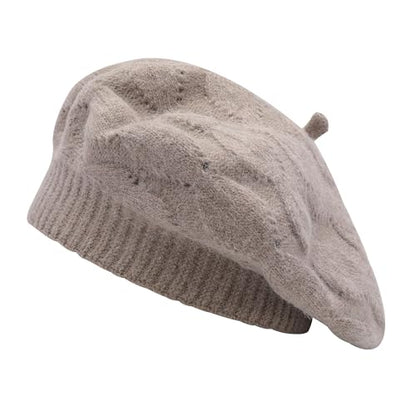 ZLYC Women French Beret Hat Reversible Solid Color Knit Warm Artist Cap - color: Cable Pattern Tan