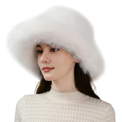 Dikoaina Faux Fur Bucket Hat for Women Girl – Oversized Brim, Super Soft & Fluffy Winter Hat - color: White