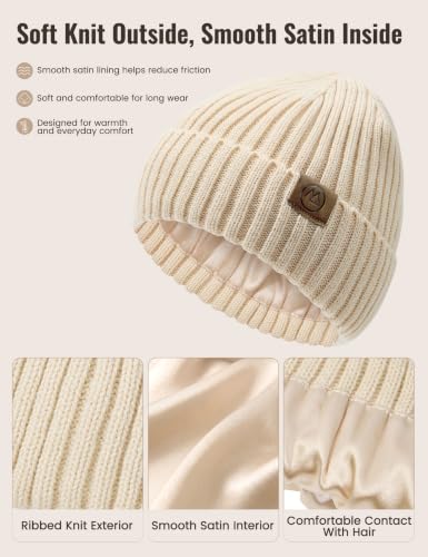 Durio Unisex Silk Lined Beanie Double Layered Winter Hats - color: Beige
