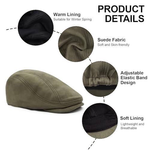 YAMEIZE Retro Suede Newsboy Hats for Men Women Beret Ivy Flat Cap Adjustable Winter Caps Trendy - color: Army Green