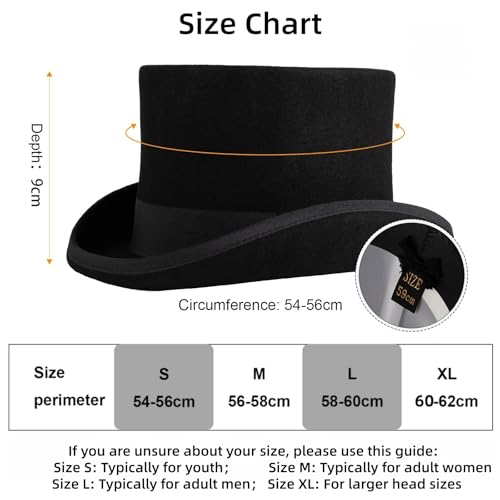 Wool Felt Top Hat Victorian Mad Hatter 6" Magic Hat Gentlemen Performing Jazz Caps Rock Hat for Men Women Gift - color: Black, size: Small