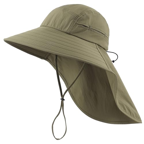 Home Prefer UPF 80+ Sun Hat for Men Women Wide Brim Sun Hat with Neck Flap Summer Beach UV Protection Gardening Fishing Hat - color: Army Green