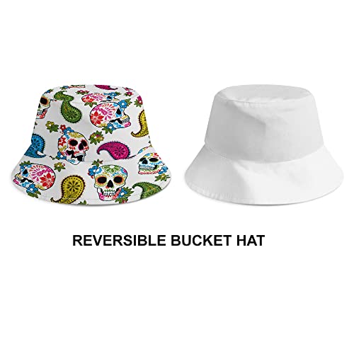 WIRESTER Reversible Bucket Hat Unisex Girl Women Men for Summer Outdoor Travel - color: Colorful Sugar Skulls White Background
