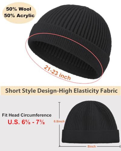 Short Beanie for Men Women, Wool Knit Cuff Winter Fisherman Hats - color: 1pcs-black