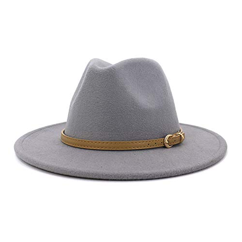 Lisianthus Women Classic Felt Fedora Wide Brim Hat with Belt Buckle - color: Light Grey