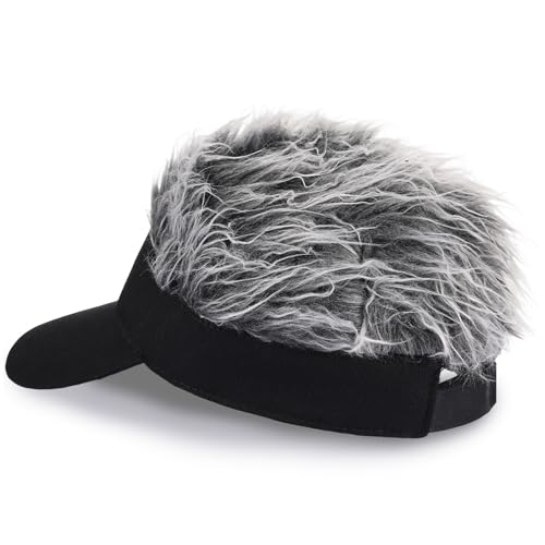 Adjustable Sun Visor Hat with Wig Spiked Hairs Fashion Baseball Golf Cap for Men & Women - color: Black+grey Hair