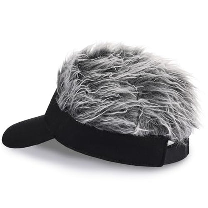 Adjustable Sun Visor Hat with Wig Spiked Hairs Fashion Baseball Golf Cap for Men & Women - color: Black+grey Hair