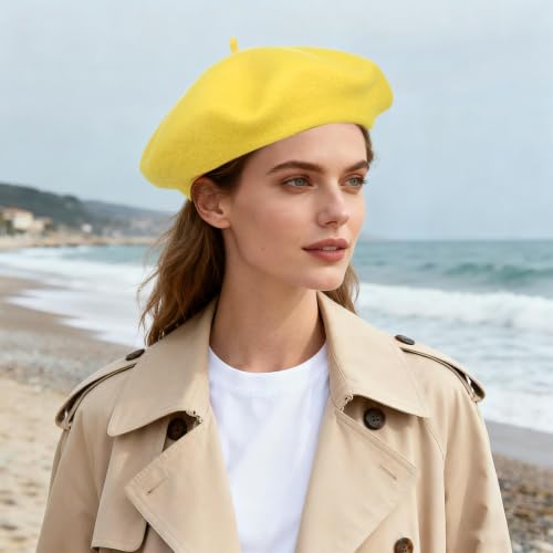 1Pcs French Beret Hats Solid Classic Beret Beanie Hats for Women Teens - color: Yellow
