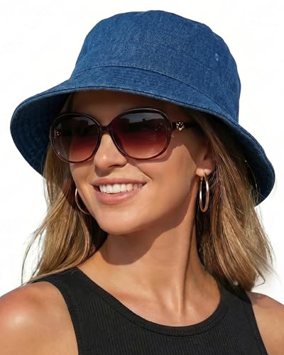 HONGTEYA Bucket Sun Hats for Woman Men Cotton Summer Beach Hat Golf Fishing - color: Dark Denim, size: Medium