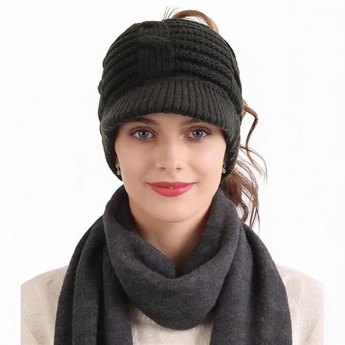 Women's BeanieTail Warm Knit Hat Messy High Bun Ponytail Visor Beanie Cap - color: B340-grey, size: Medium