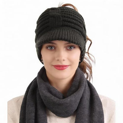 Women's BeanieTail Warm Knit Hat Messy High Bun Ponytail Visor Beanie Cap - color: B340-grey, size: Medium