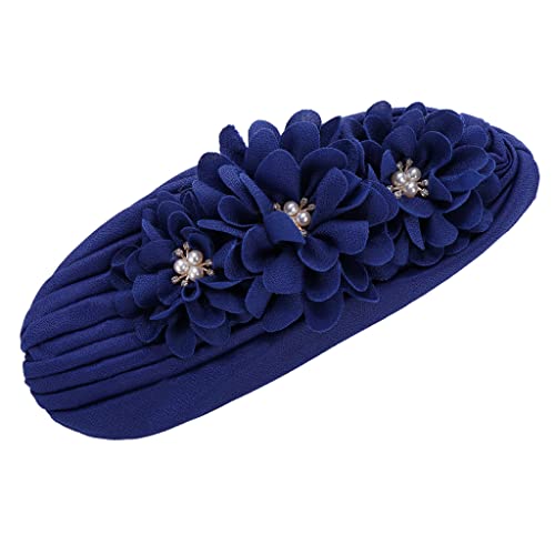 Flower Pre-Tied Turban Beanie, Soft Chemo Cap for Women Cancer Hair Loss - color: Blue