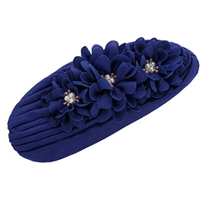 Flower Pre-Tied Turban Beanie, Soft Chemo Cap for Women Cancer Hair Loss - color: Blue