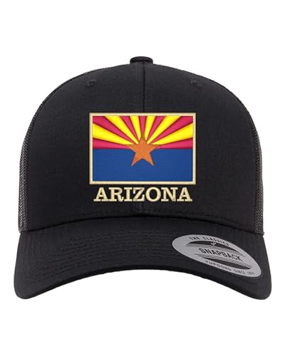 Go All Out Arizona Flag with Classy Gold Trim Arizona Pride Dad Deluxe Trucker Flatbill Baseball Structured Embroidered Hat - color: Black
